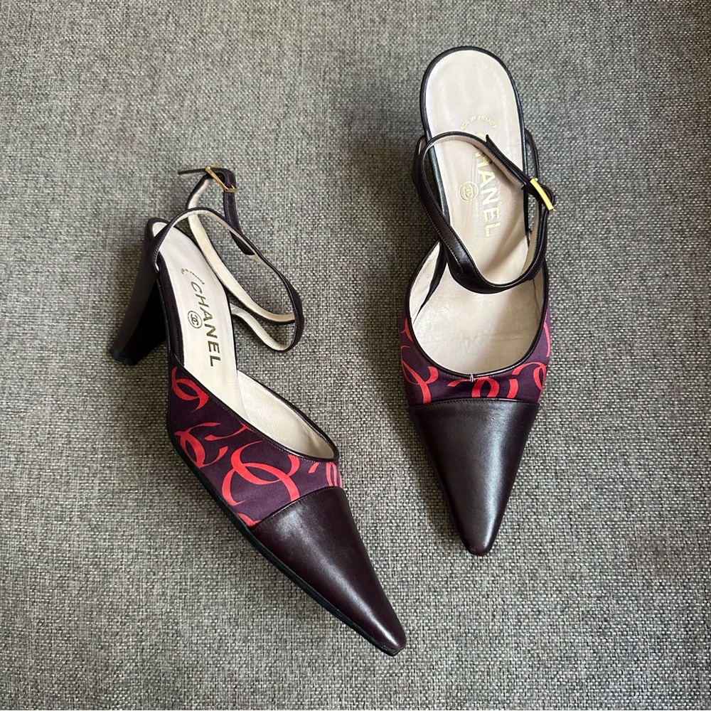 Vintage Chanel satin logo heels
